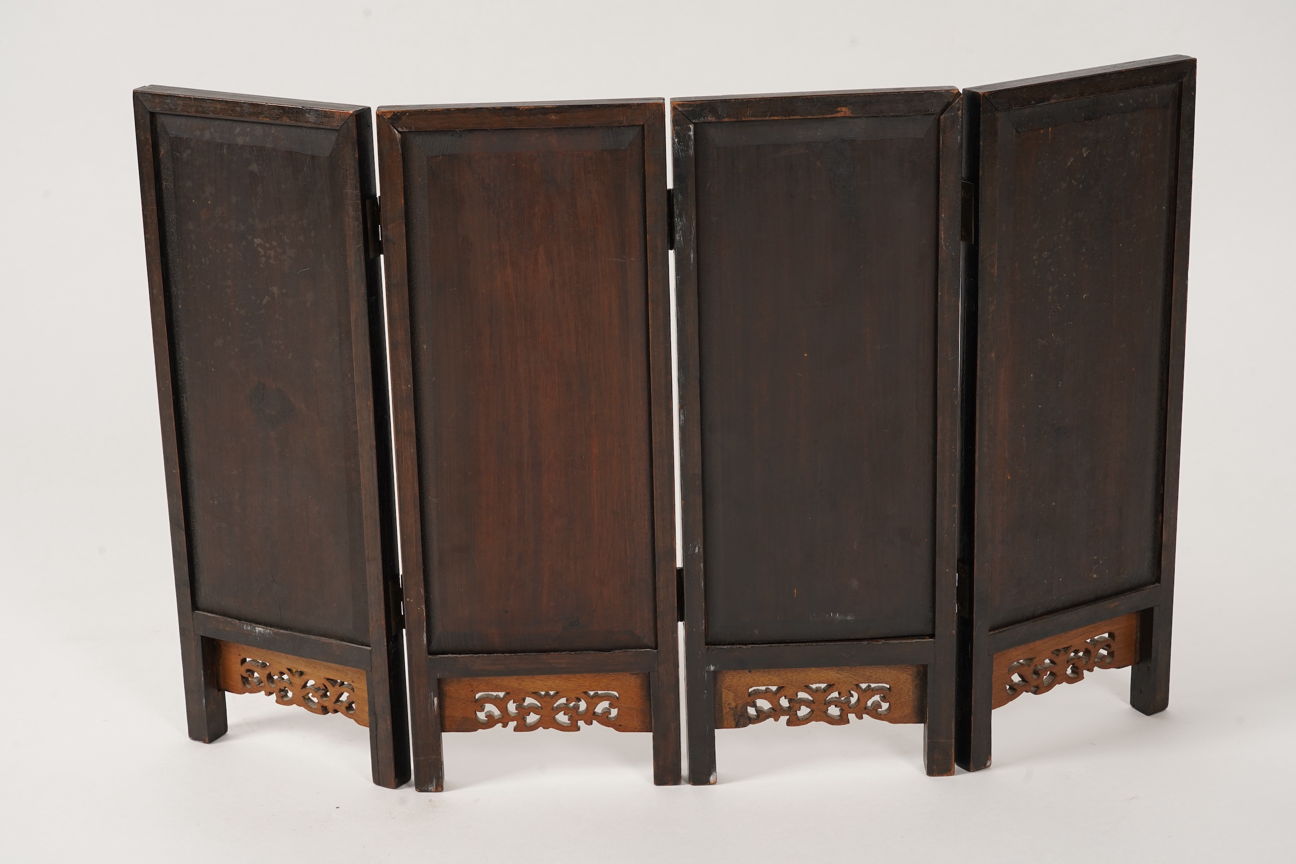 A Chinese porcelain plaque inset four fold table screen, Republic period